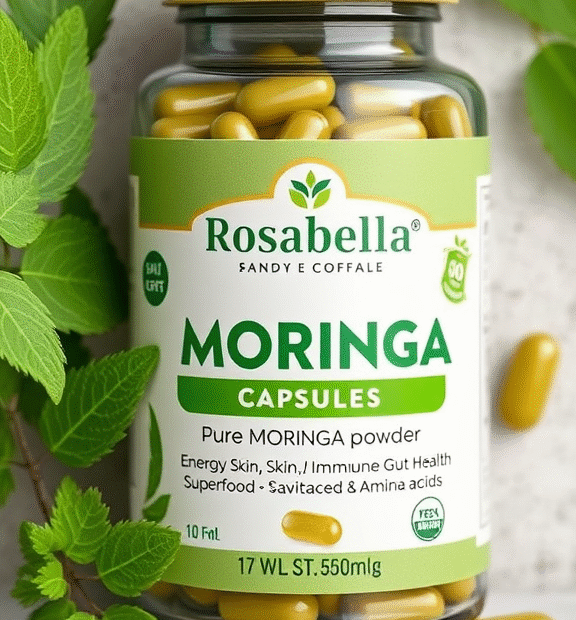 Rosabella Moringa Capsules - Pure Moringa Powder, Energy, Skin,Immune & Gut Health Superfood,Vitamins & Amino Acids