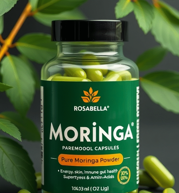 Rosabella Moringa Capsules - Pure Moringa Powder, Energy, Skin,Immune & Gut Health Superfood,Vitamins & Amino Acids